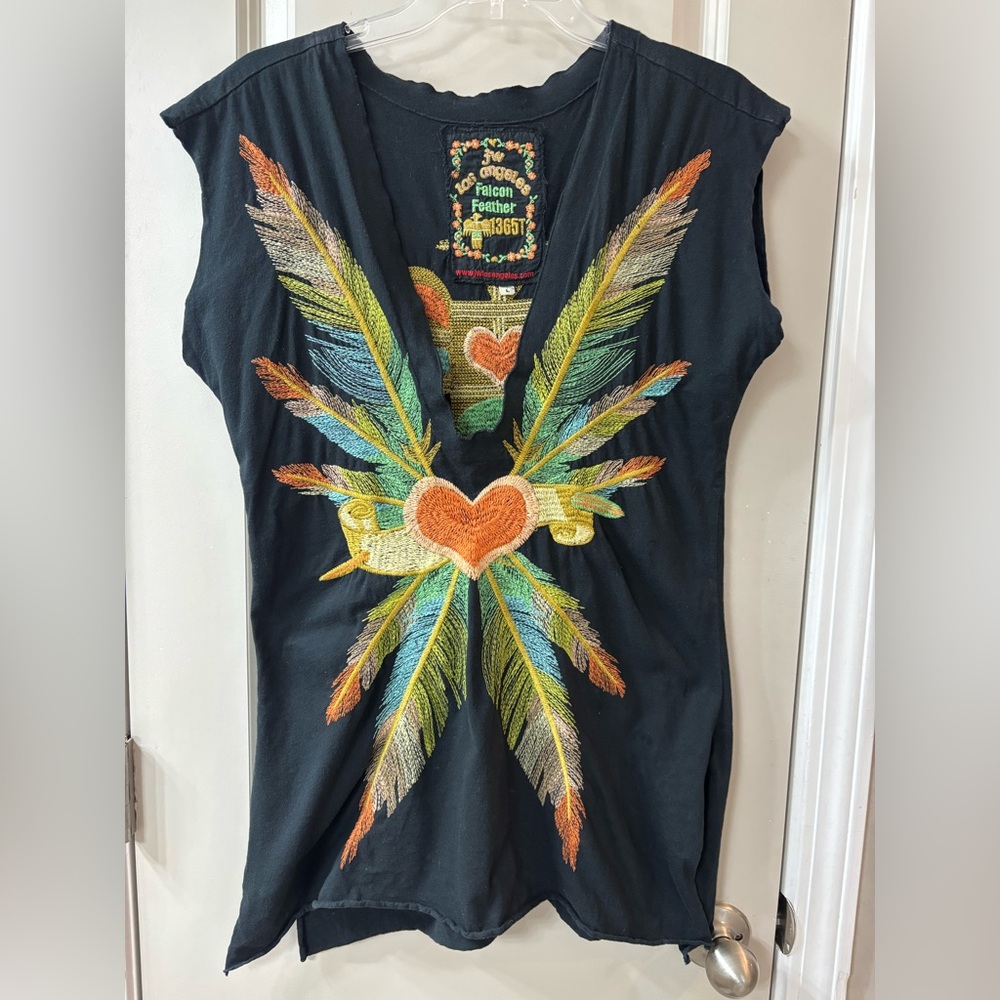Johnny Was Black Top with Colorful Embroidery
